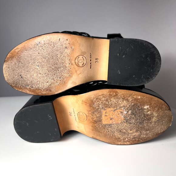 CHANEL 2012 WEDGE SANDALS INTERLOCKING CC logo BLACK PATENT LEATHER  8USA 38EU - Picture 10 of 10